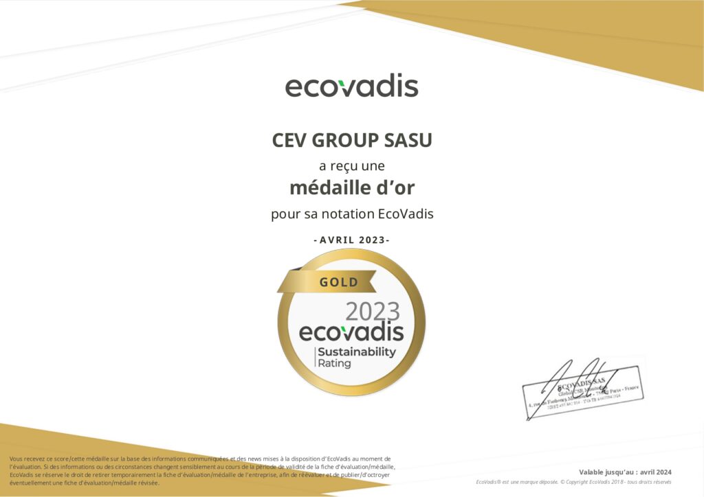 CEV GROUP Certificat d'évaluation Ecovadis 2023